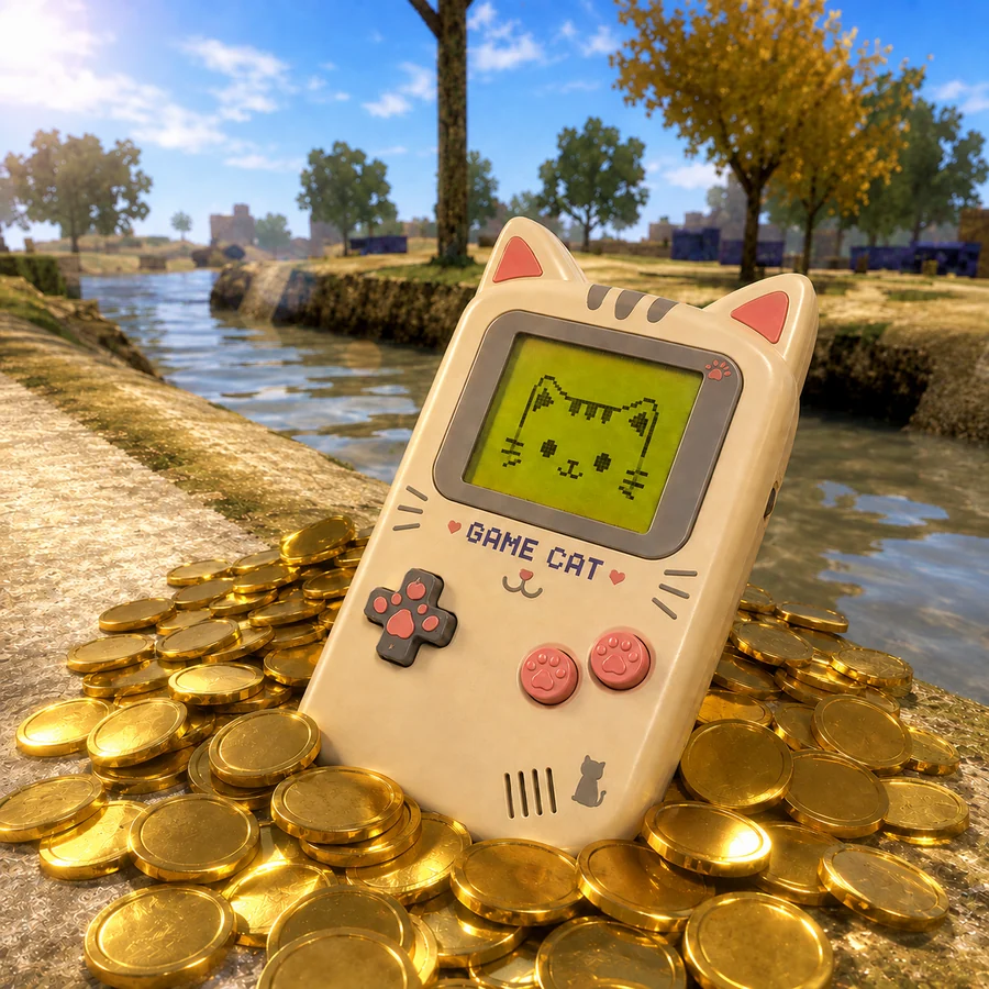 Gamecat half buried in a pile of golden tokens